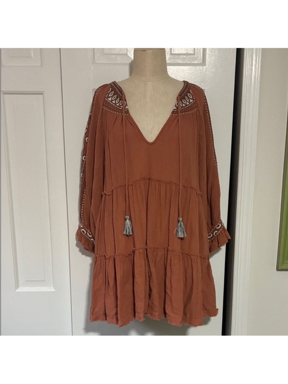 Free People Rust Embroidered Tiered Tunic XL